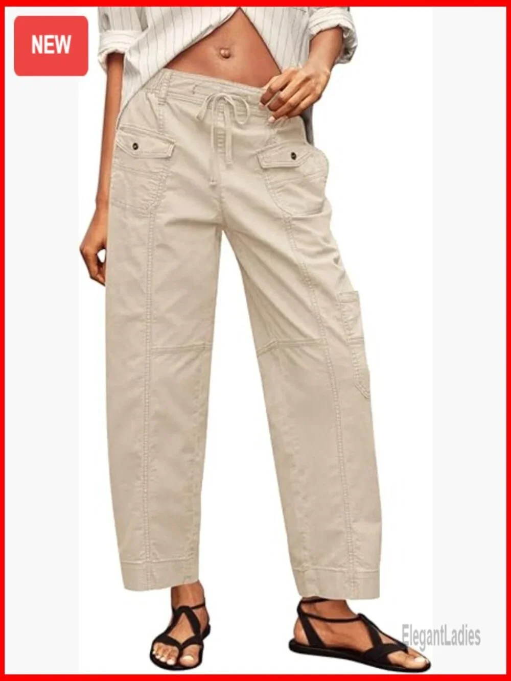 100% Cotton Cargo Pants Drawstring Elastic Waist Hiking Work Pants with Pockets